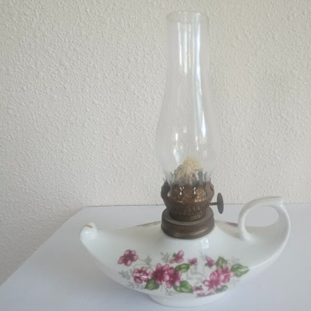 Vintage Porcelain Victorian Style Oil Lamp with Roses